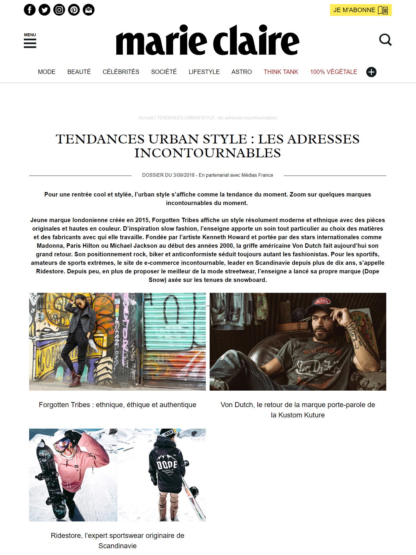 Forgotten Tribes dans un article de Marie Claire sur la mode Urban Style