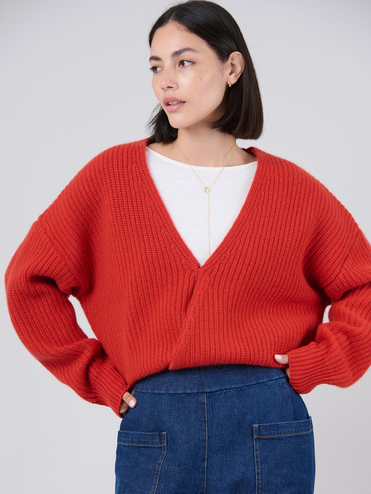 Pull cache-cœur tricot côtelé en laine mérinos et bambou