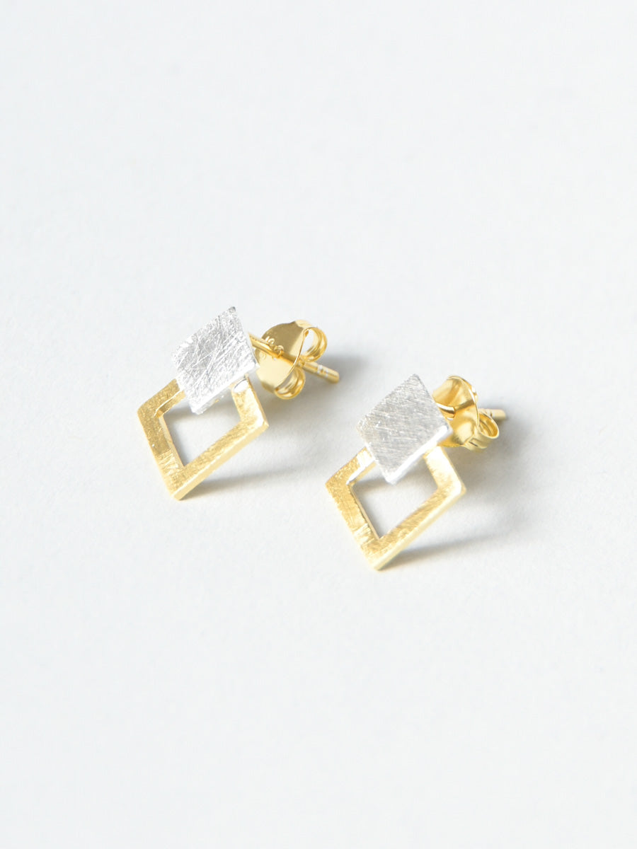 Sterling Silver Dual Tone Square Stud Earrings