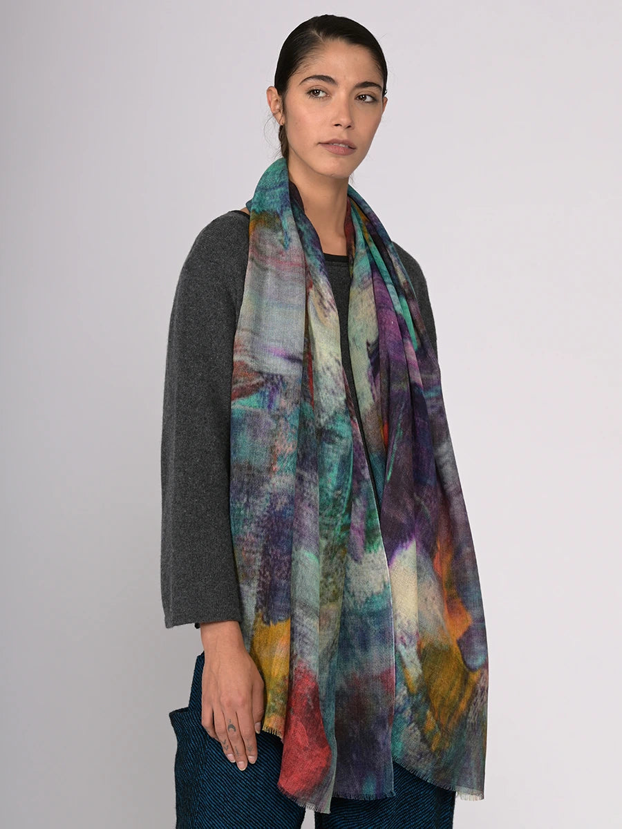 Silk fine wool blend water colour scarf - turquoise