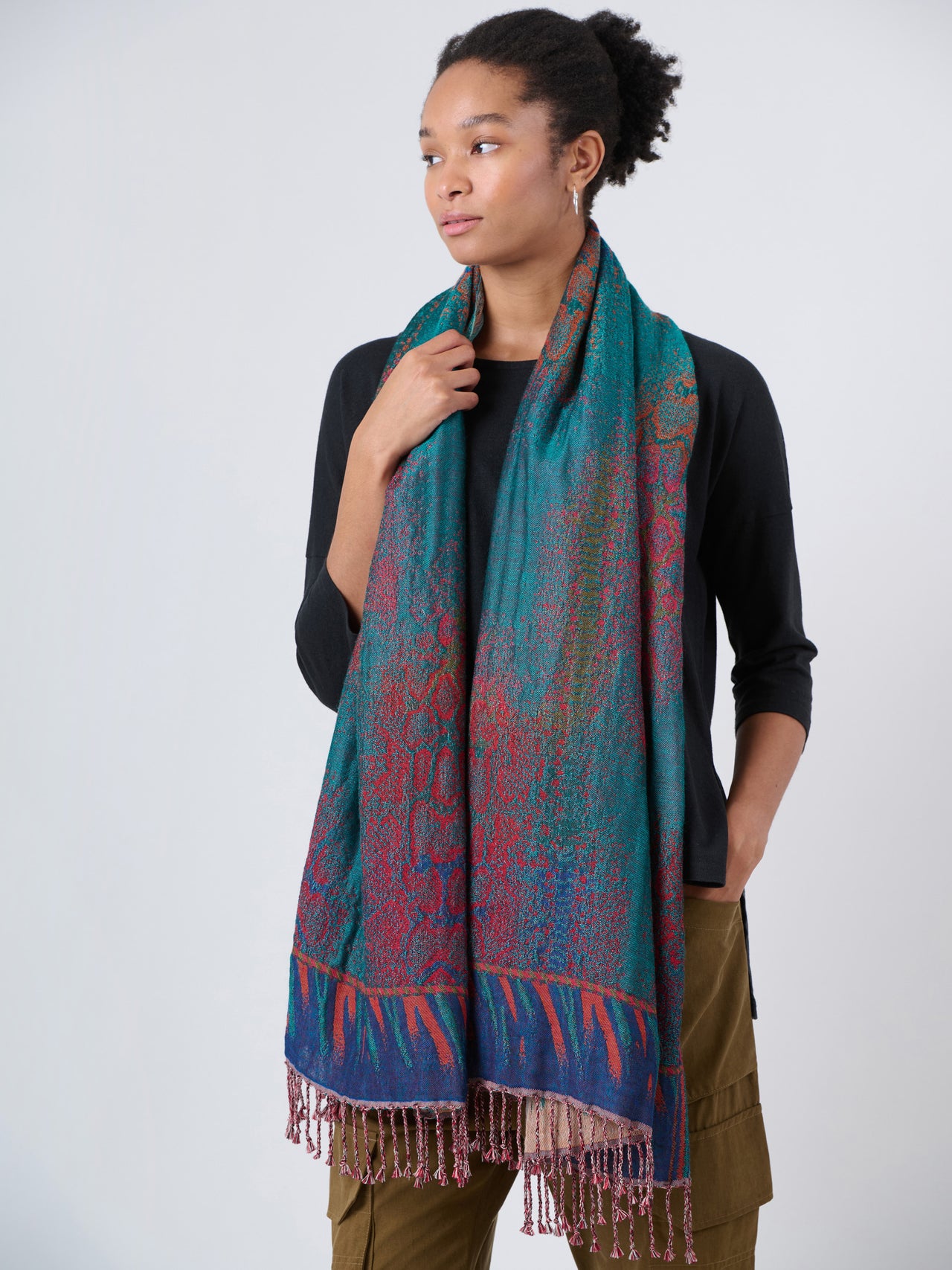  Wool Cotton Jacquard Scarf - Forest
