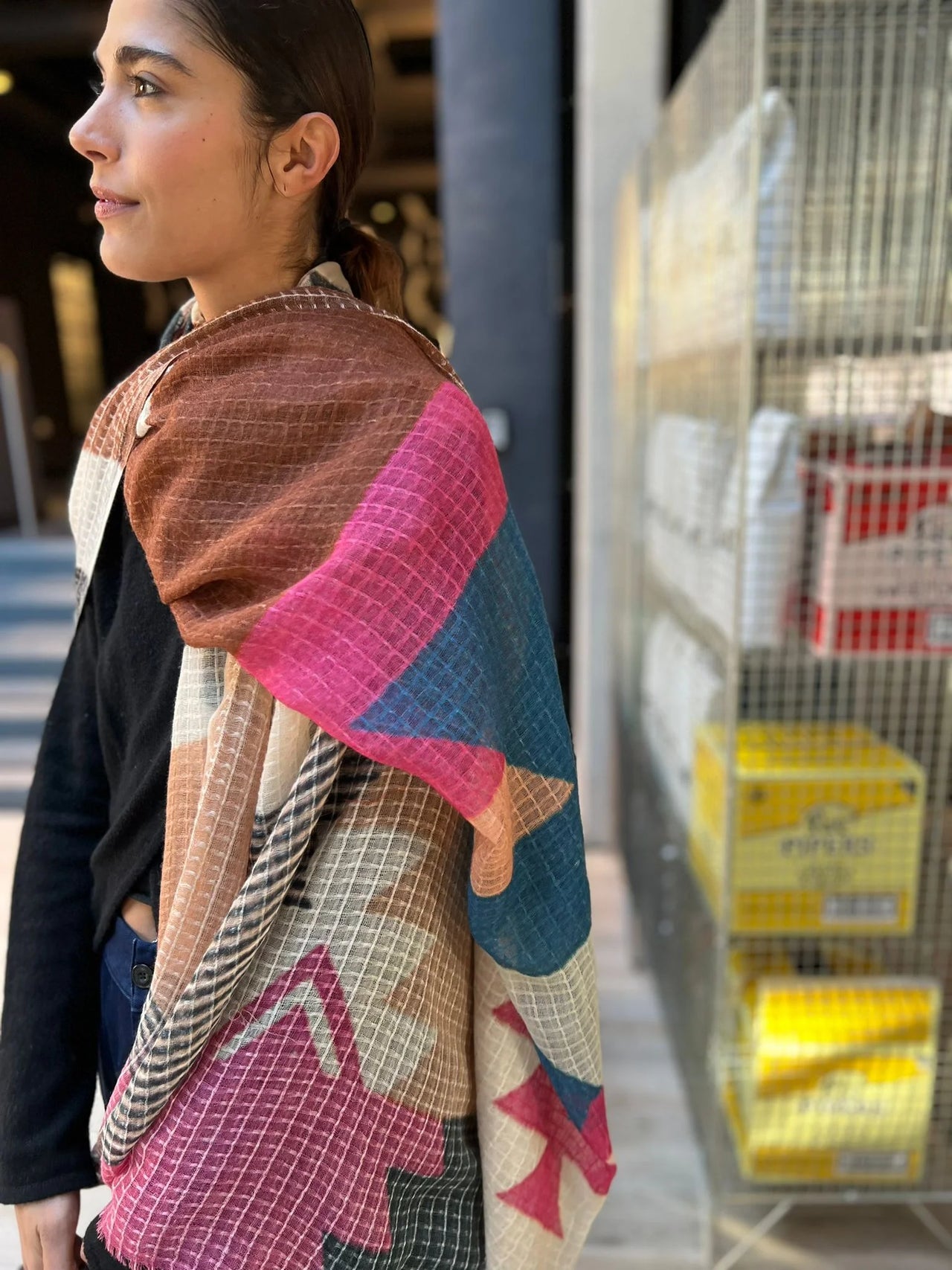 Textured pure wool geometric print scarf
