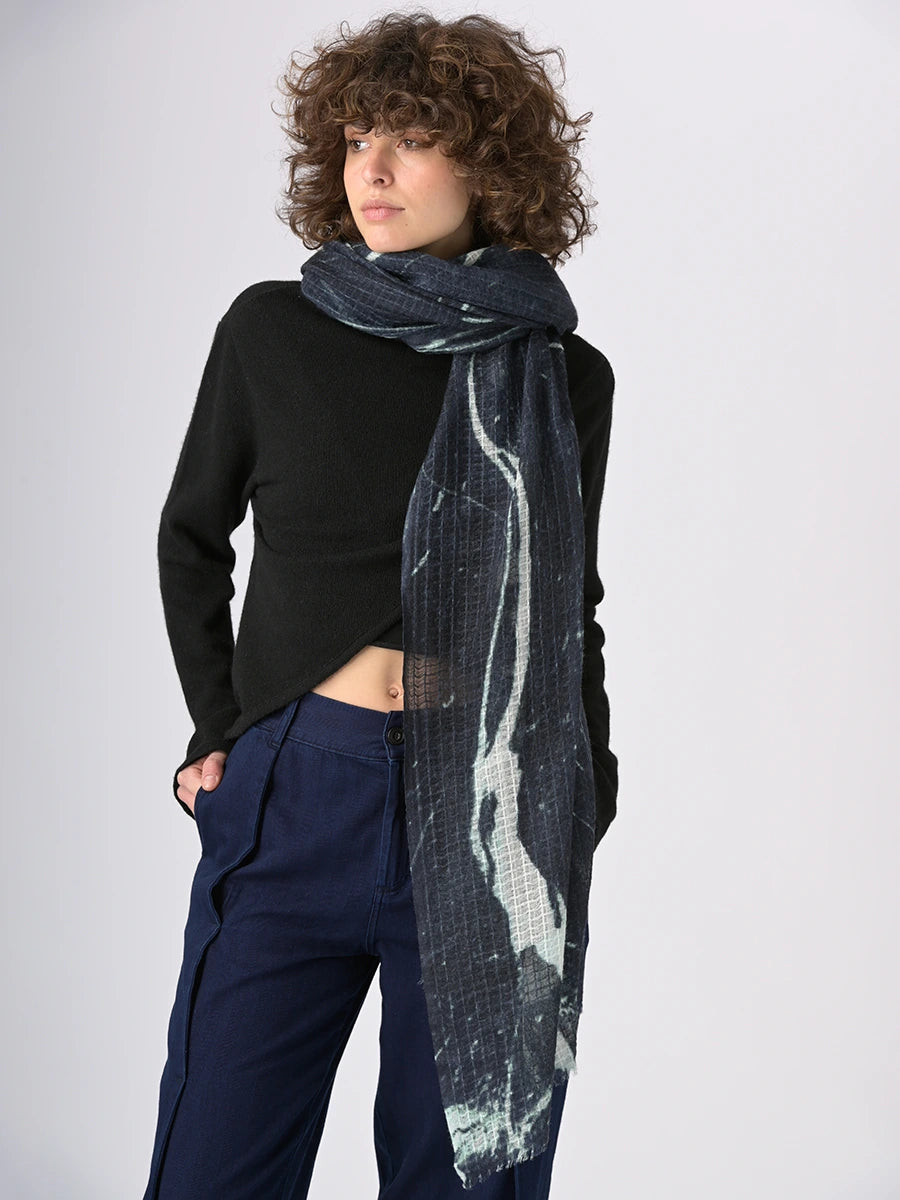 Textured pure wool ink wash print scarf