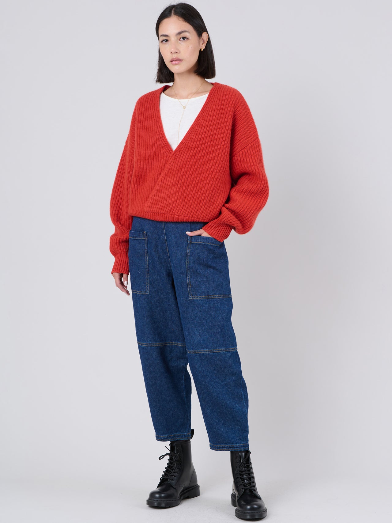 Waste Yarn Denim Cropped Barrel Leg Jeans