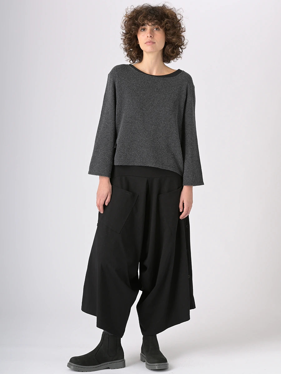 Drop crotch wide leg trousers with side buttons