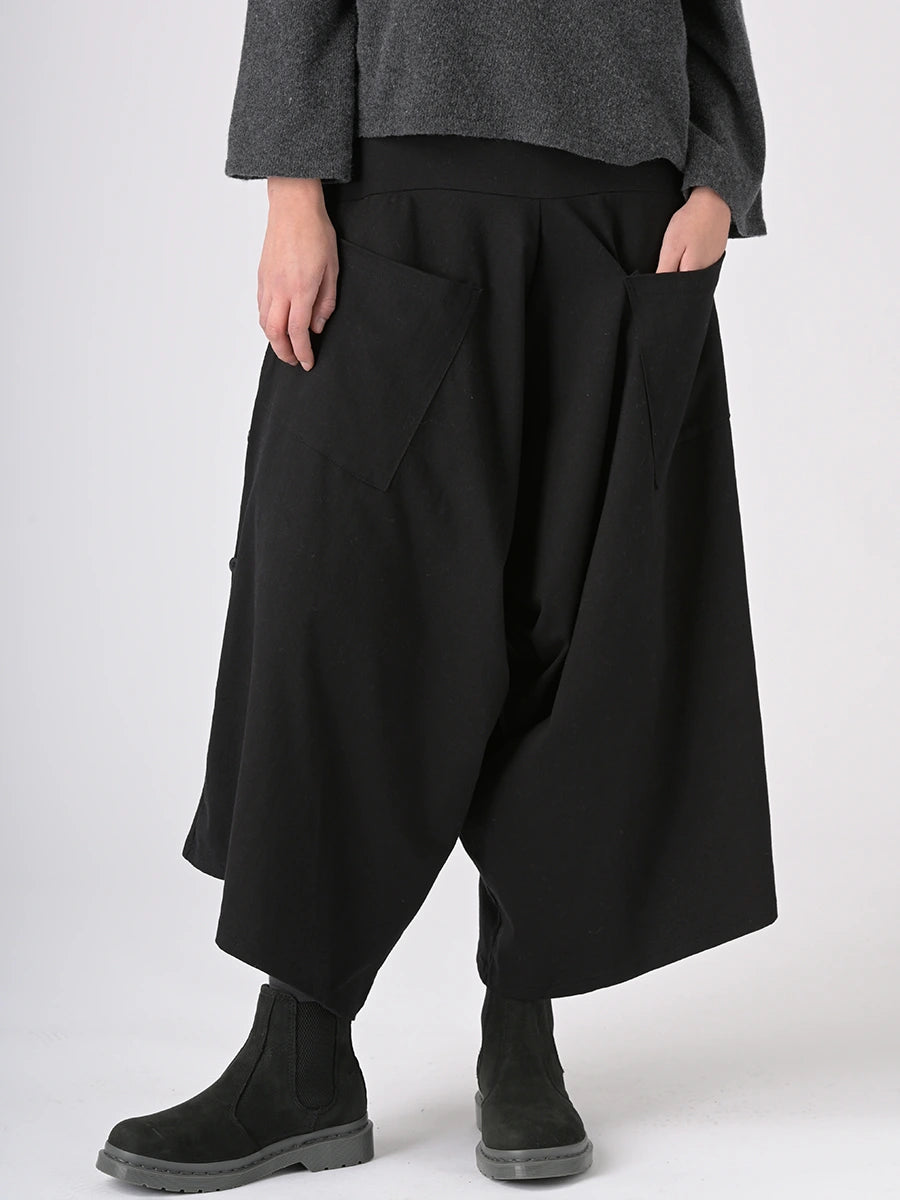 Drop crotch wide leg trousers with side buttons