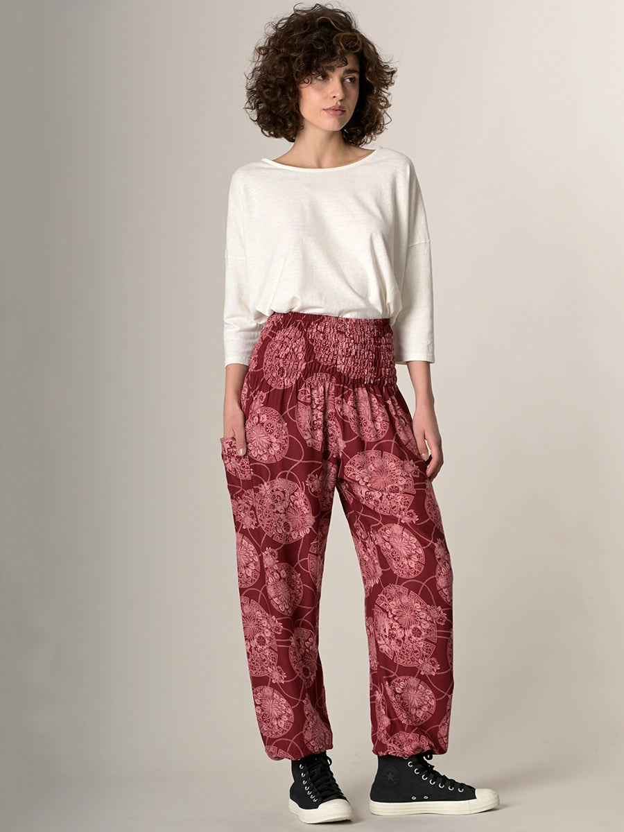 Pantalon bouffant imprimé fleurs orientales - Bordeaux