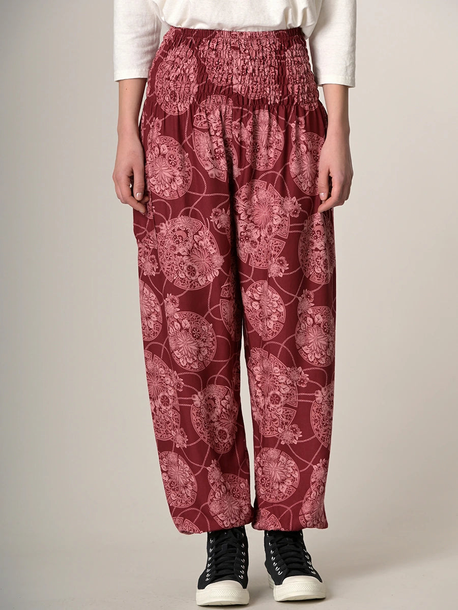 Pantalon bouffant imprimé fleurs orientales - Bordeaux