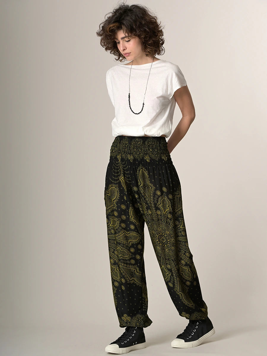 Pantalon bouffant imprimé plumes cachemire