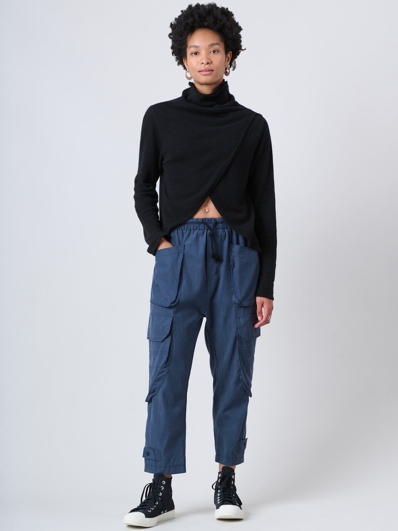 Pantalon cargo en coton TENCEL® à cordon de serrage - Bleu marine