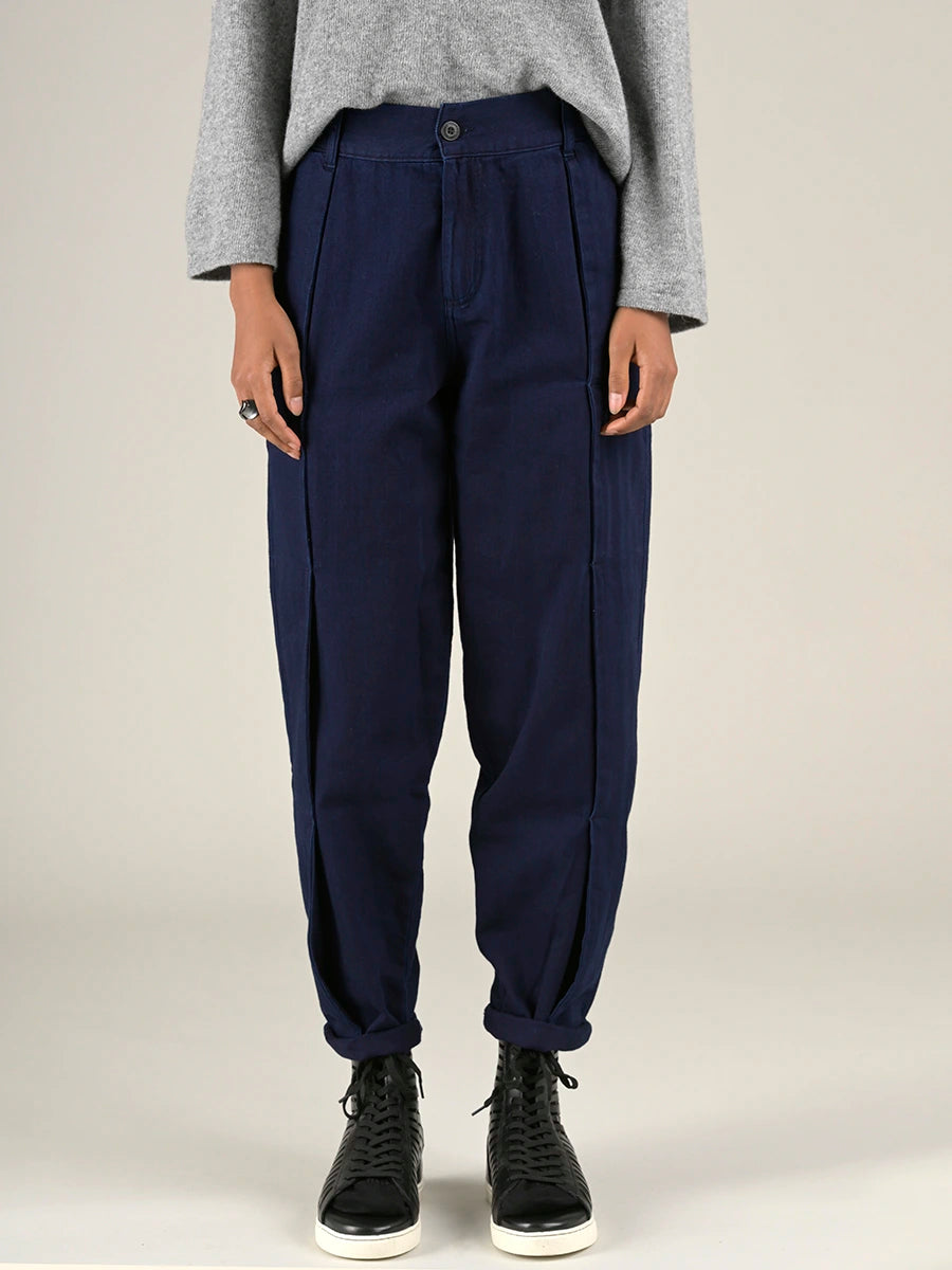 Soft denim trousers with side pleats