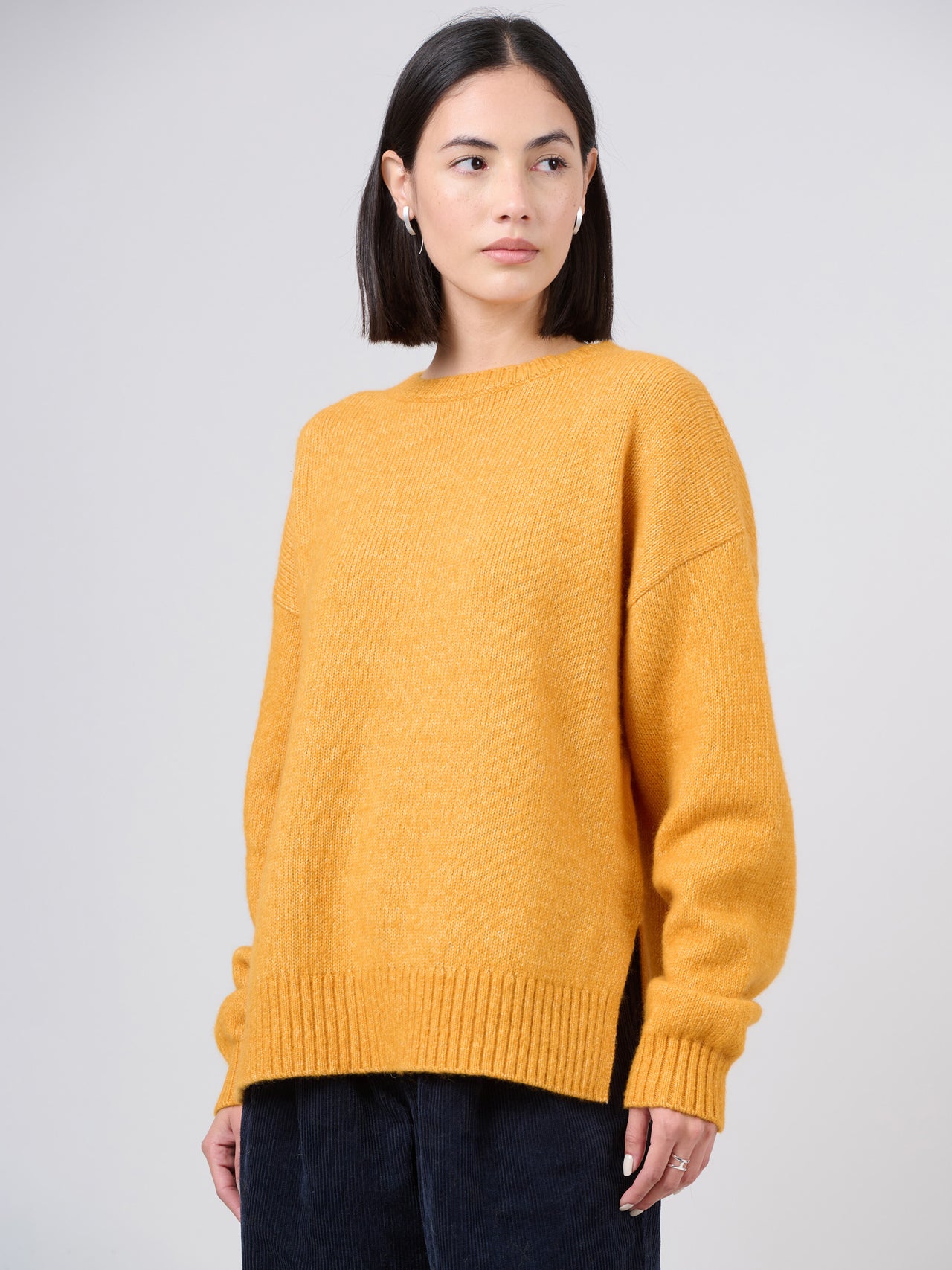 Wool Cotton Blend Boxy Sweater with Side Slits
