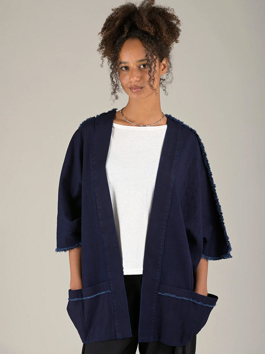 Soft denim jacket with fringed seam details