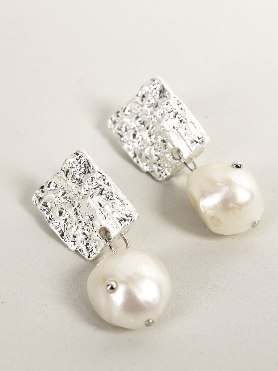Textured Silver & Pearl Drop Earrings