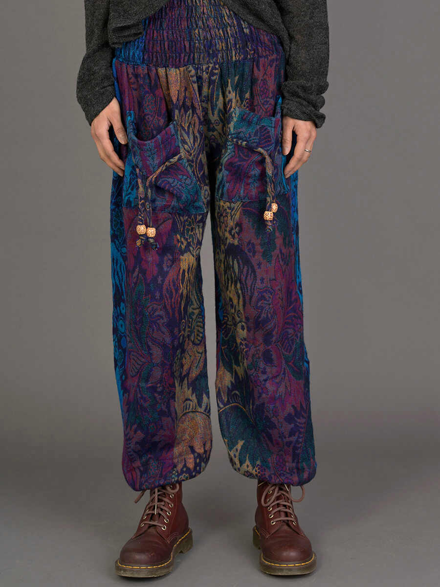 Pantalon bouffant laine imprimé fleurs indiennes - Bleu | Forgotten Tribes - Vêtements ethniques - Urban Style